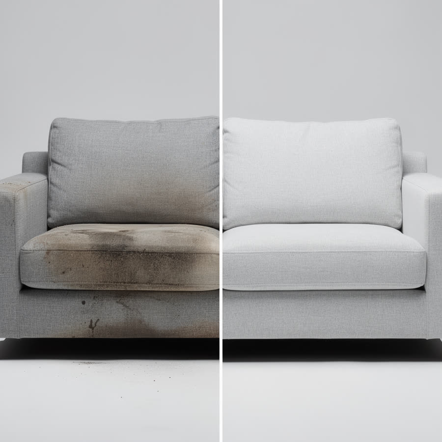 Sofá antes e depois da higienização feita pela BEL Clean